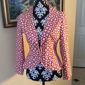 🌹Rare Stunning Silk Lycra Peplum Abstract Red & Off white lined Jacket